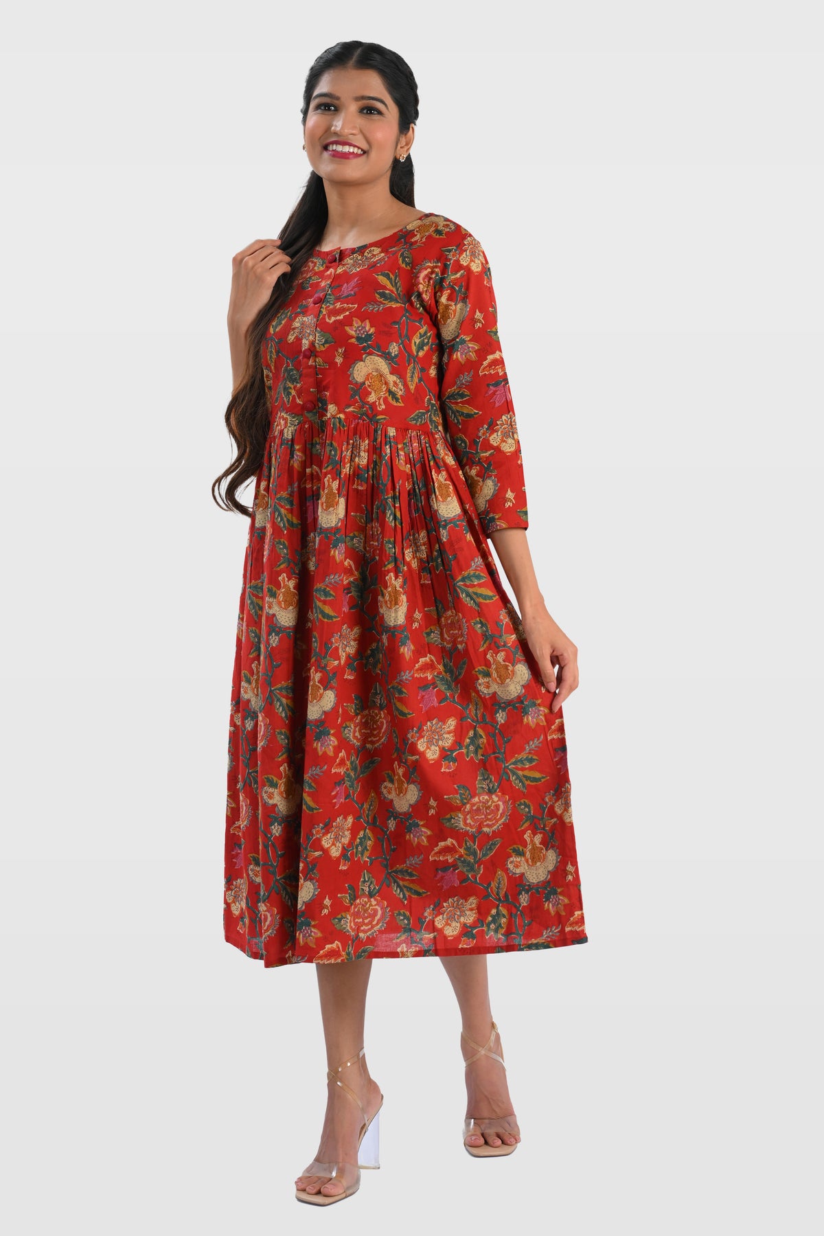 Red Plum Cotton Printed Midi Dress