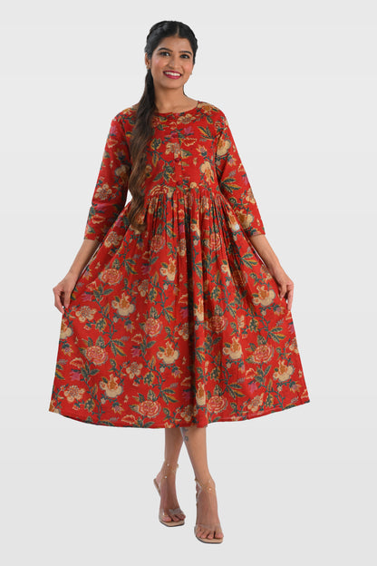 Red Plum Cotton Printed Midi Dress
