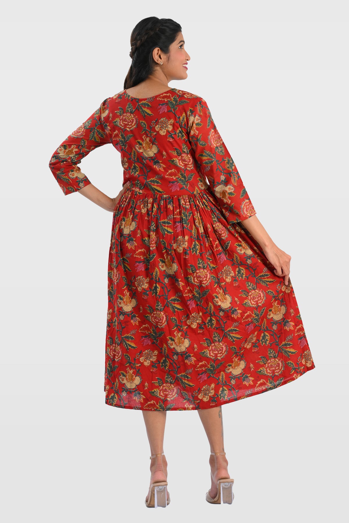 Red Plum Cotton Printed Midi Dress