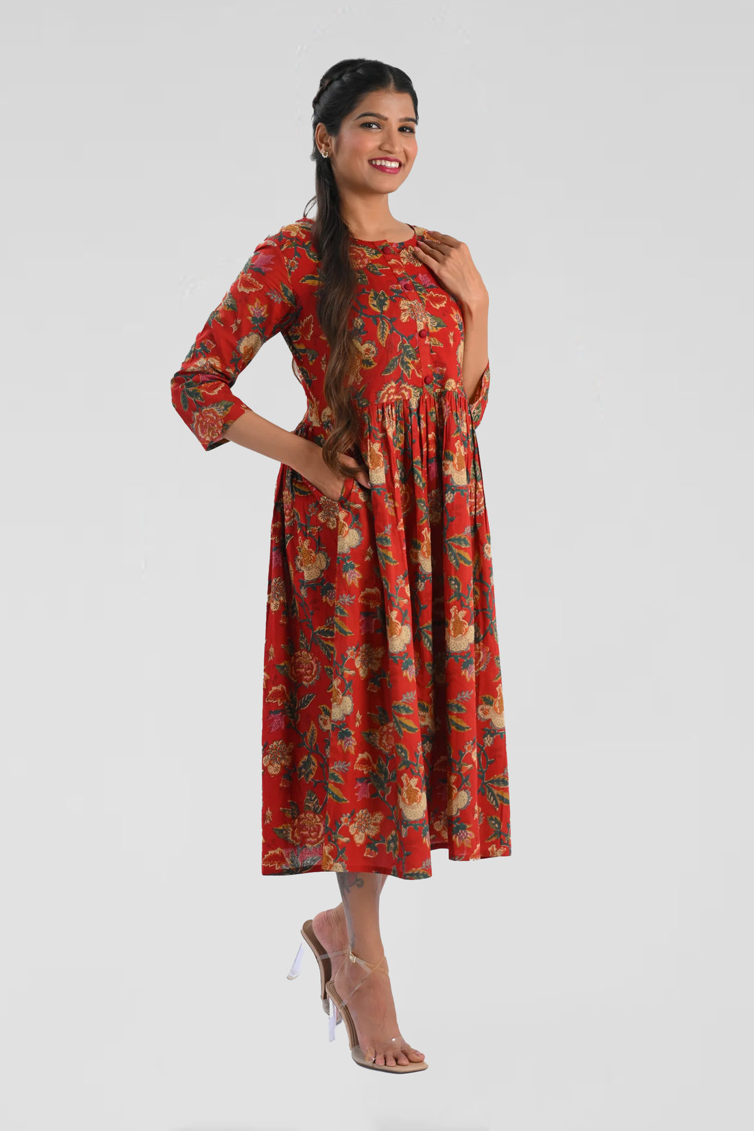 Red Plum Cotton Printed Midi Dress