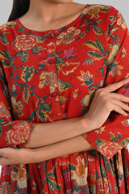 Red Plum Cotton Printed Midi Dress