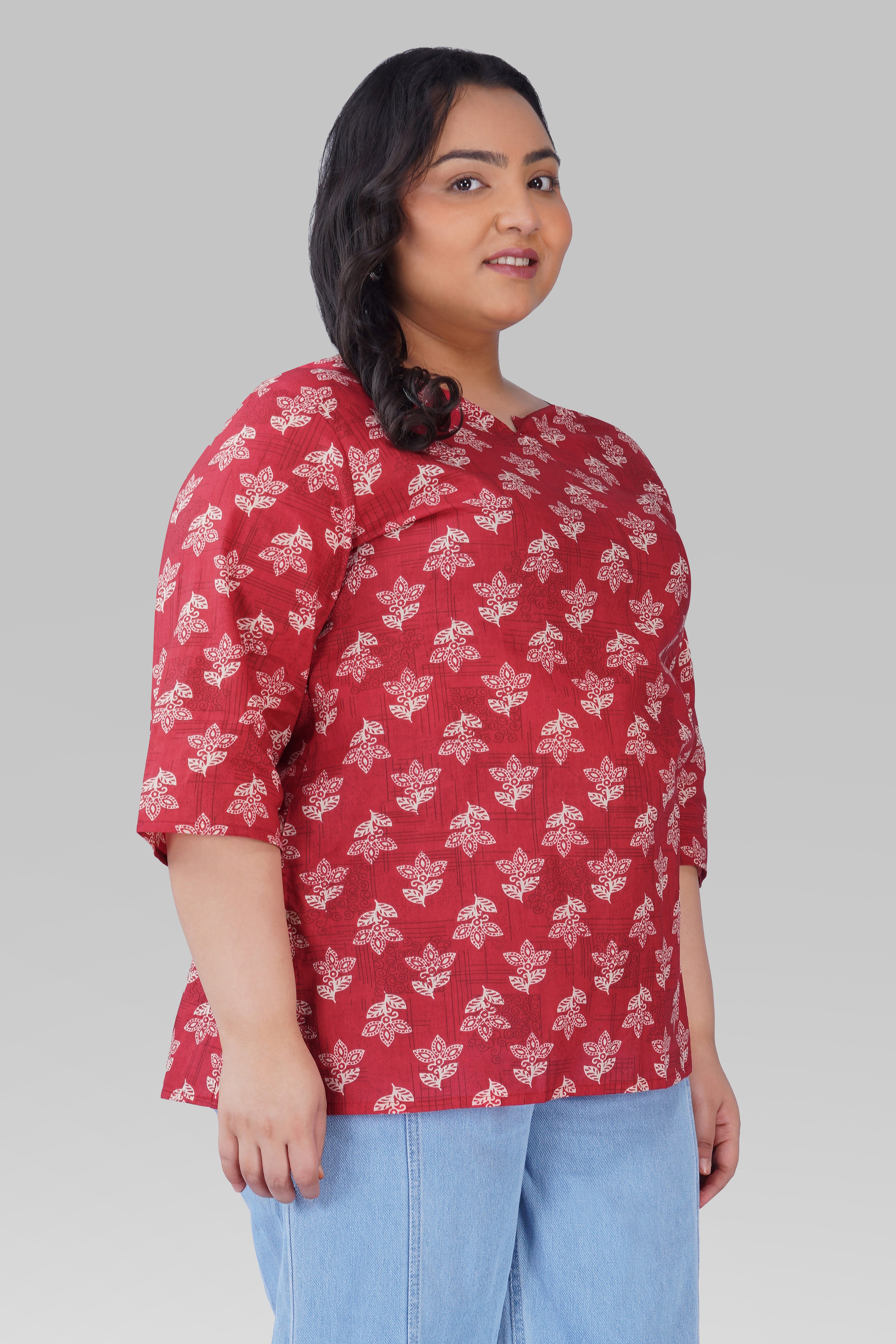 Red Plus Size Cotton Printed Kurti