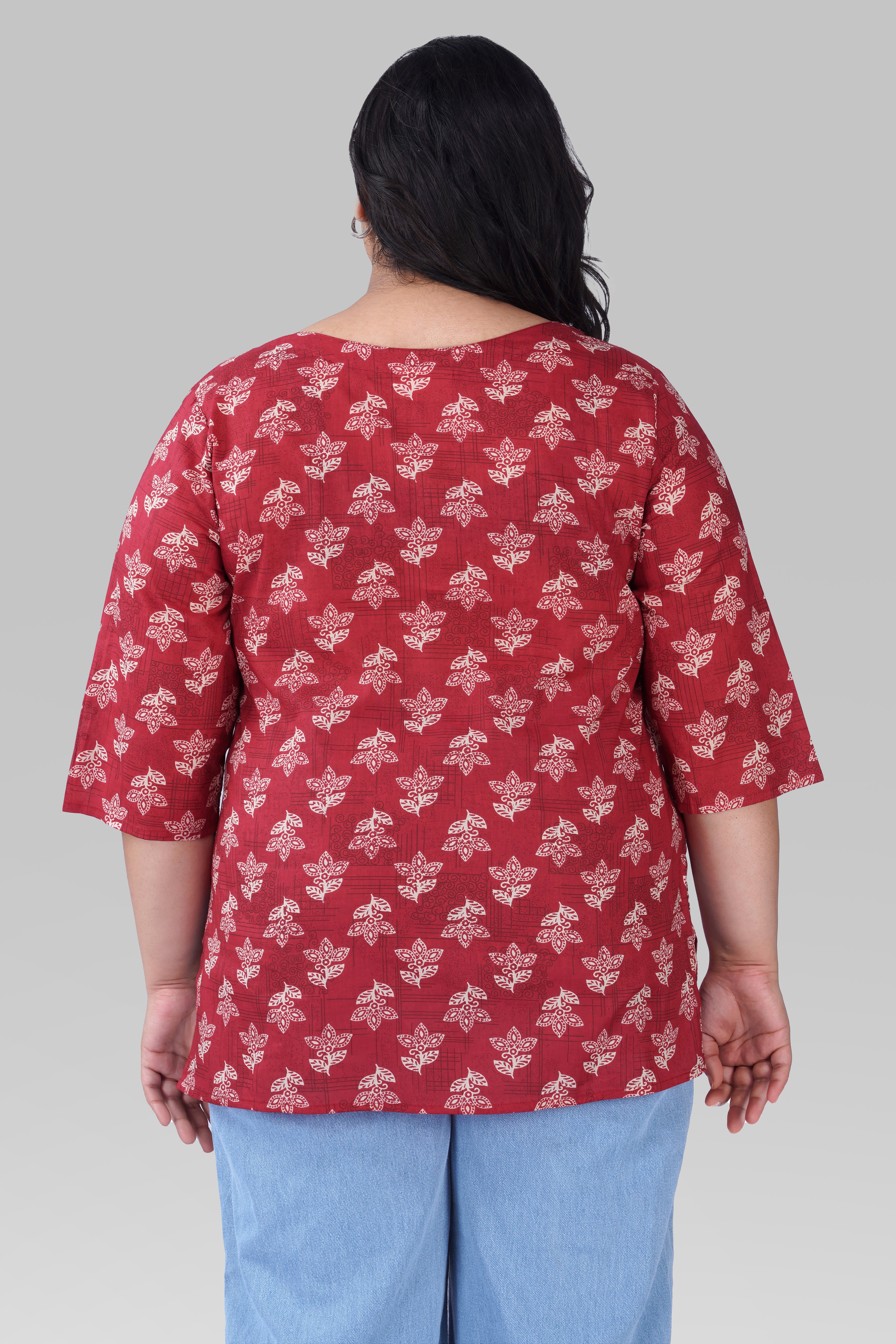 Red Plus Size Cotton Printed Kurti