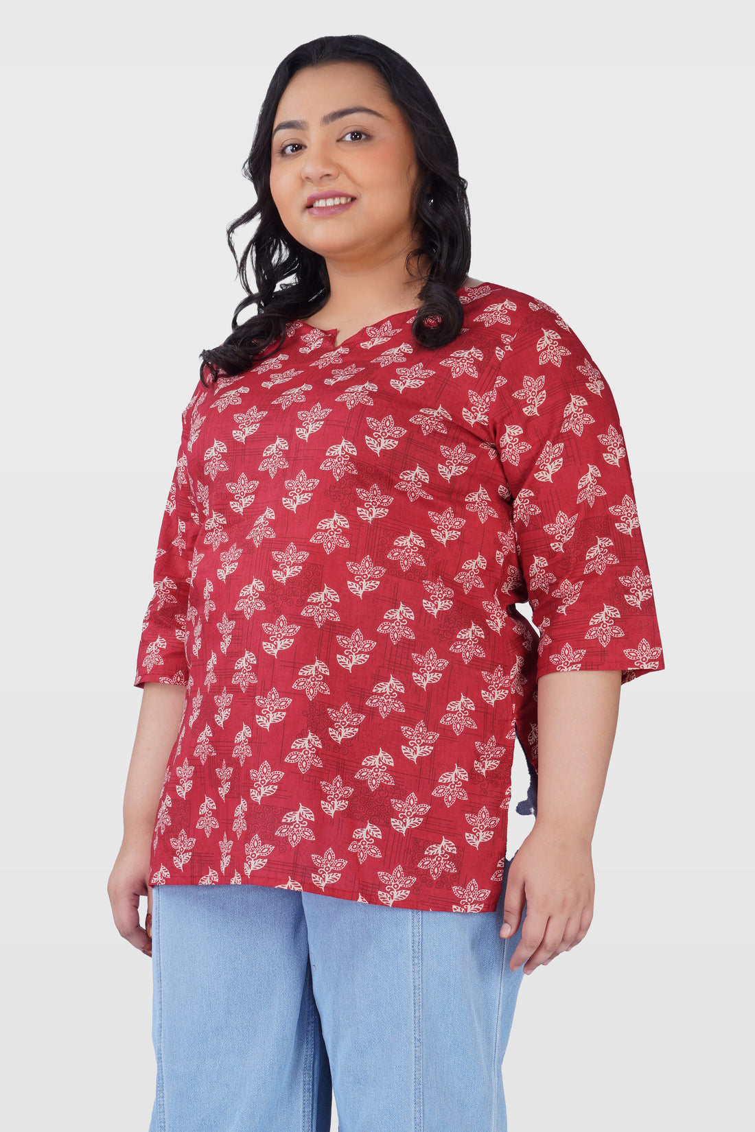 Red Plus Size Cotton Printed Kurti