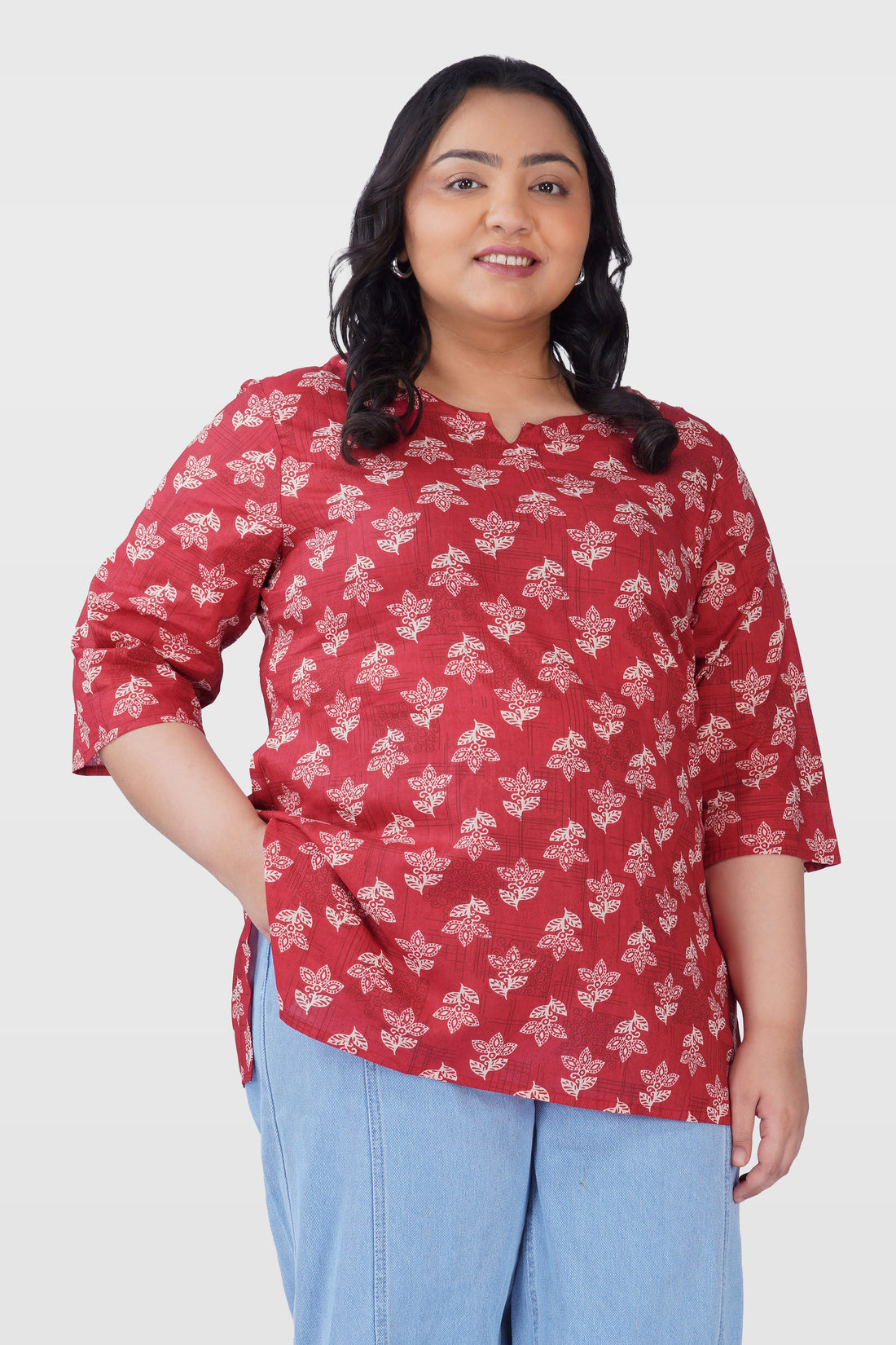 Red Plus Size Cotton Printed Kurti