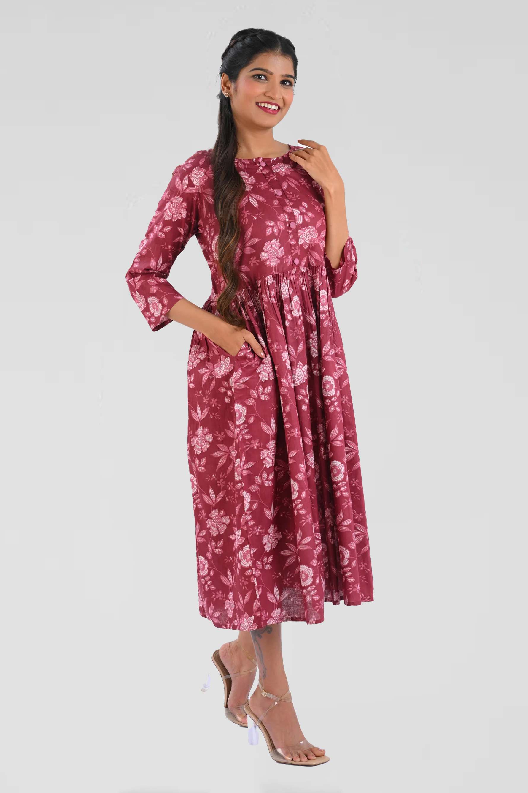 Red Wine Cotton Printed Midi Dress
