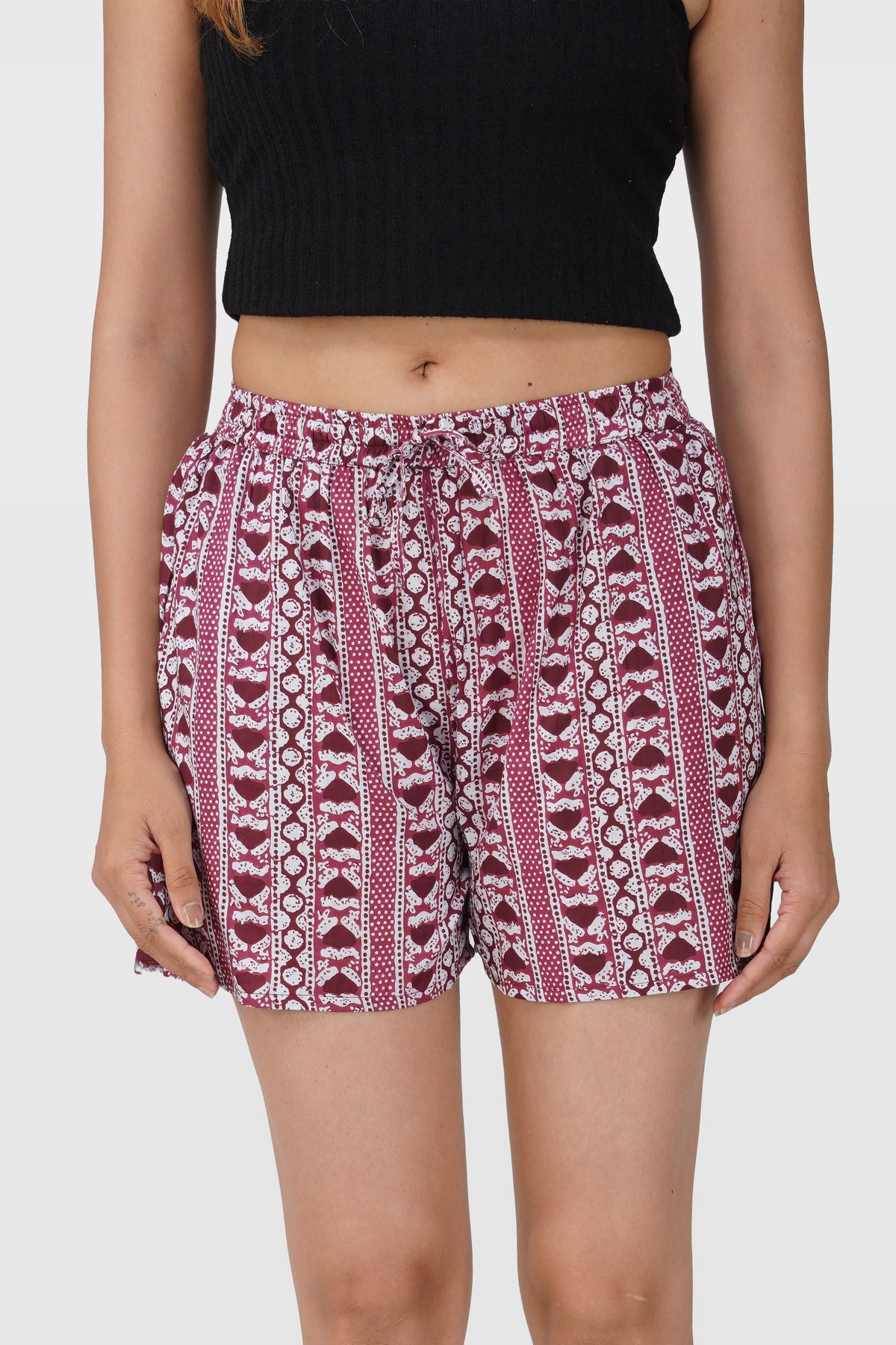 Red Wine Cotton Printed Shorts