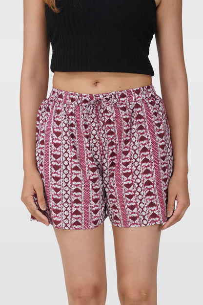 Red Wine Cotton Printed Shorts