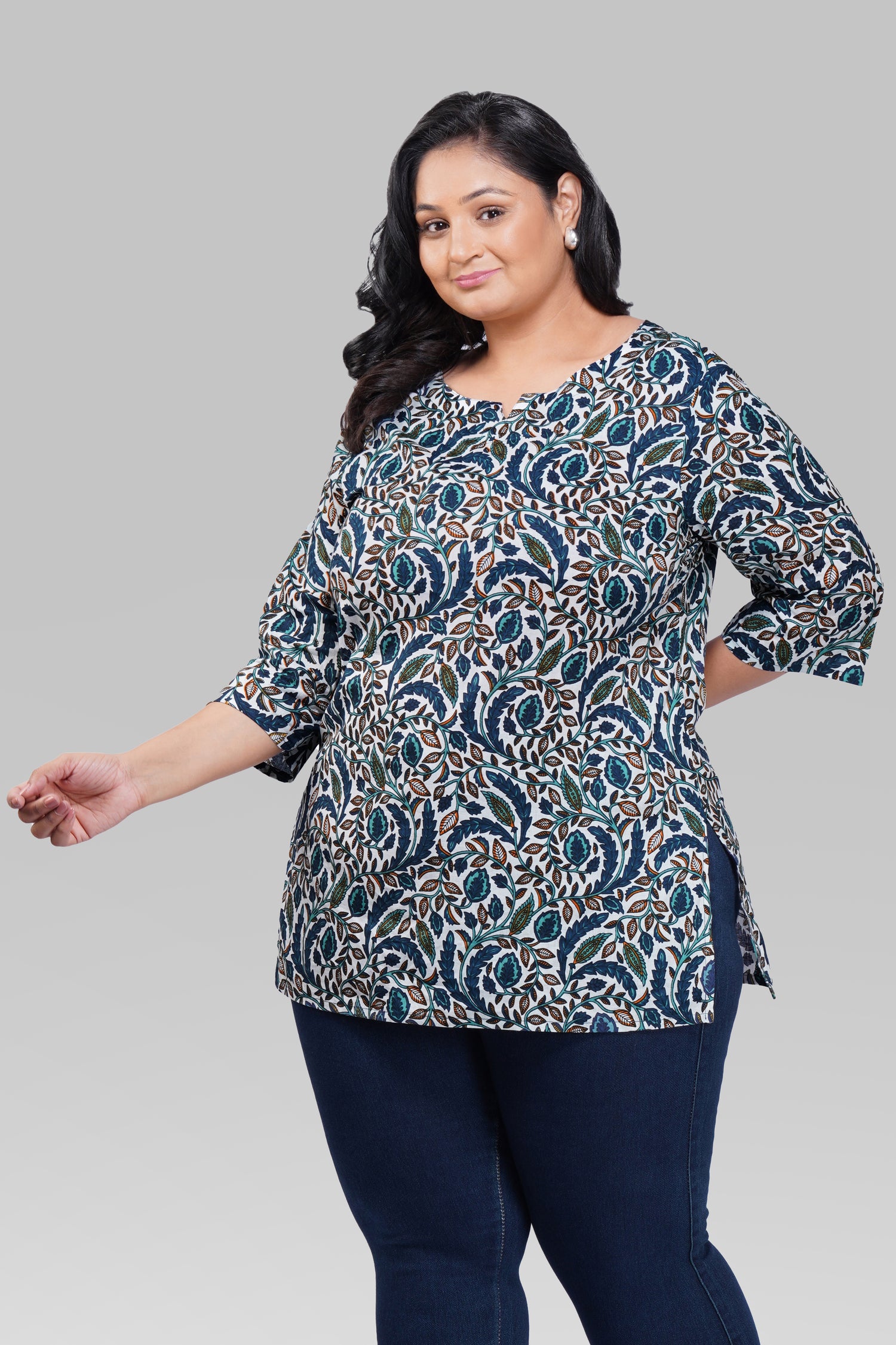 Regal Blue Plus Size Cotton Printed Kurti