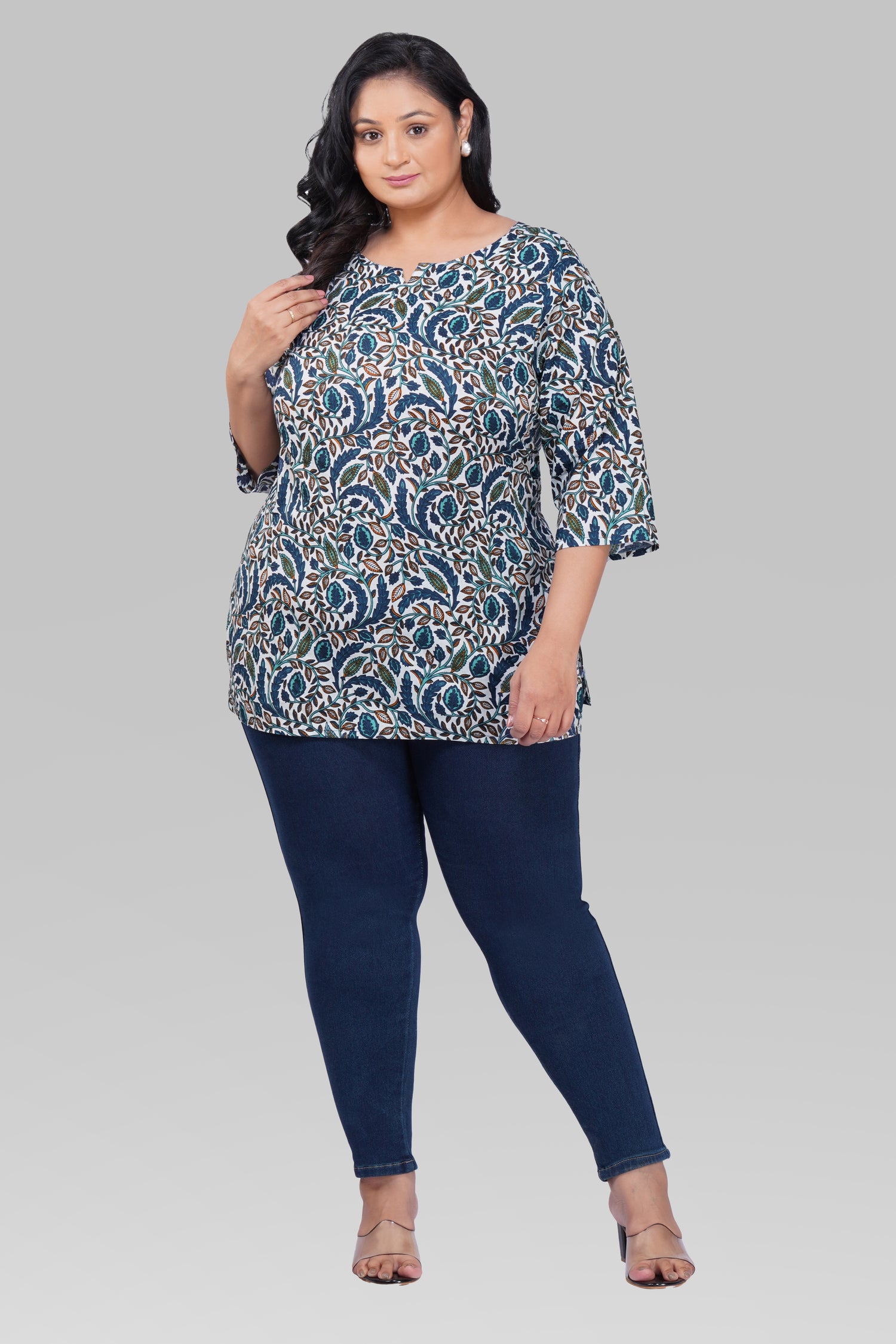 Regal Blue Plus Size Cotton Printed Kurti
