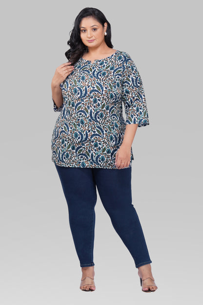 Regal Blue Plus Size Cotton Printed Kurti