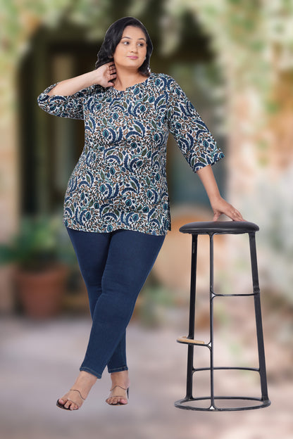 Regal Blue Plus Size Cotton Printed Kurti