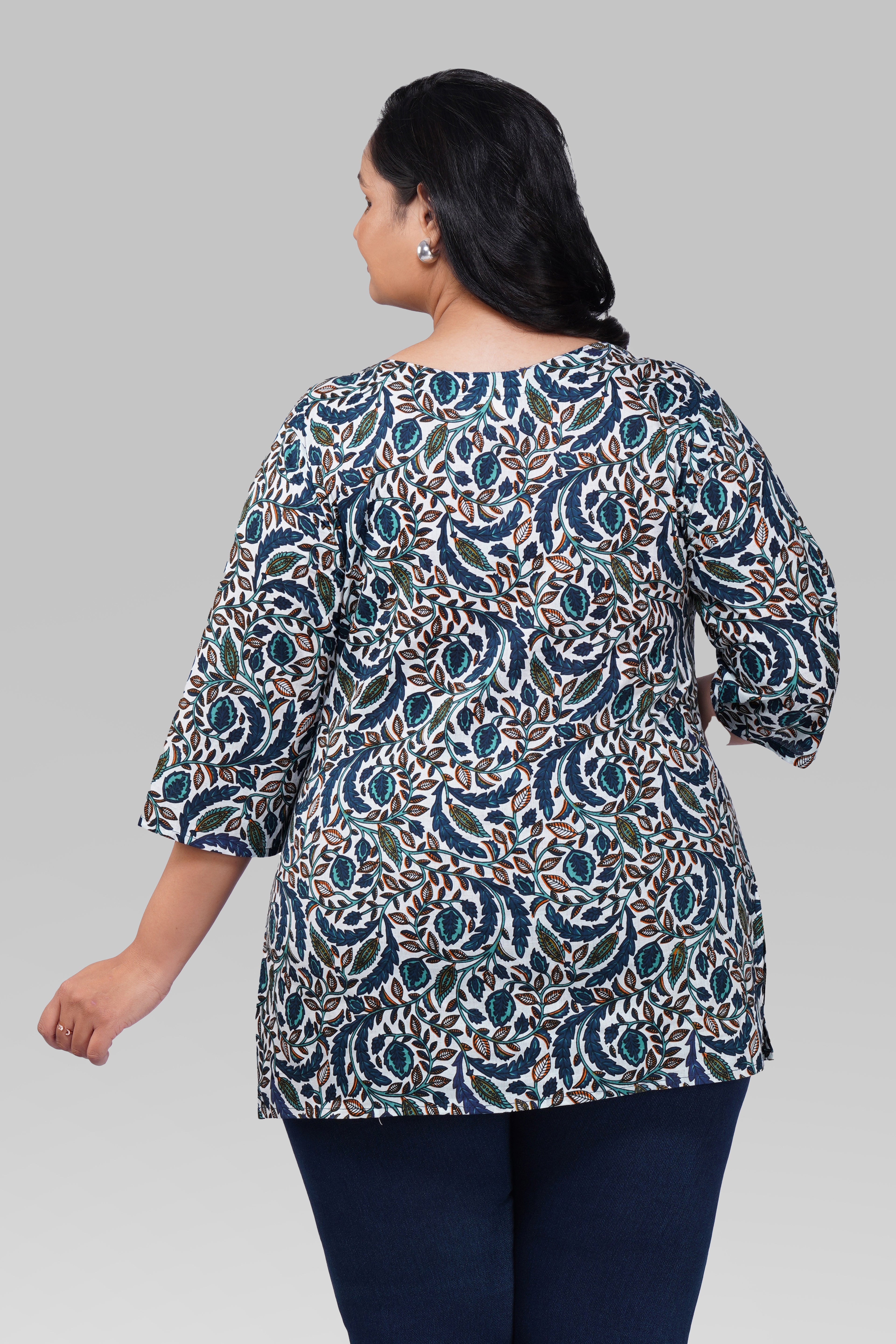 Regal Blue Plus Size Cotton Printed Kurti