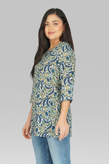 Regal Blue Cotton Printed Kurti