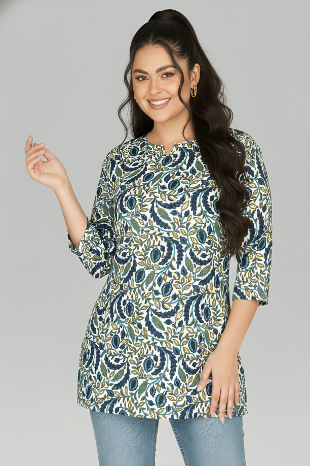 Regal Blue Cotton Printed Kurti