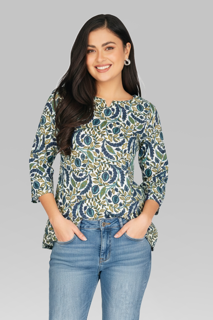 Regal Blue Cotton Printed Kurti