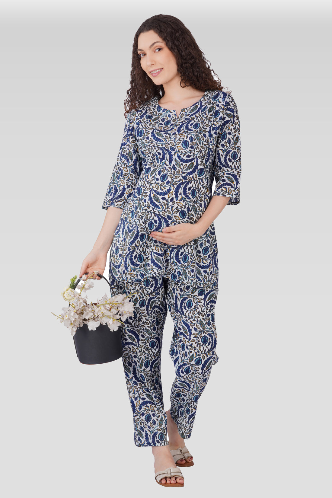 Regal Blue Cotton Printed Maternity and Feeding Pyjama Set