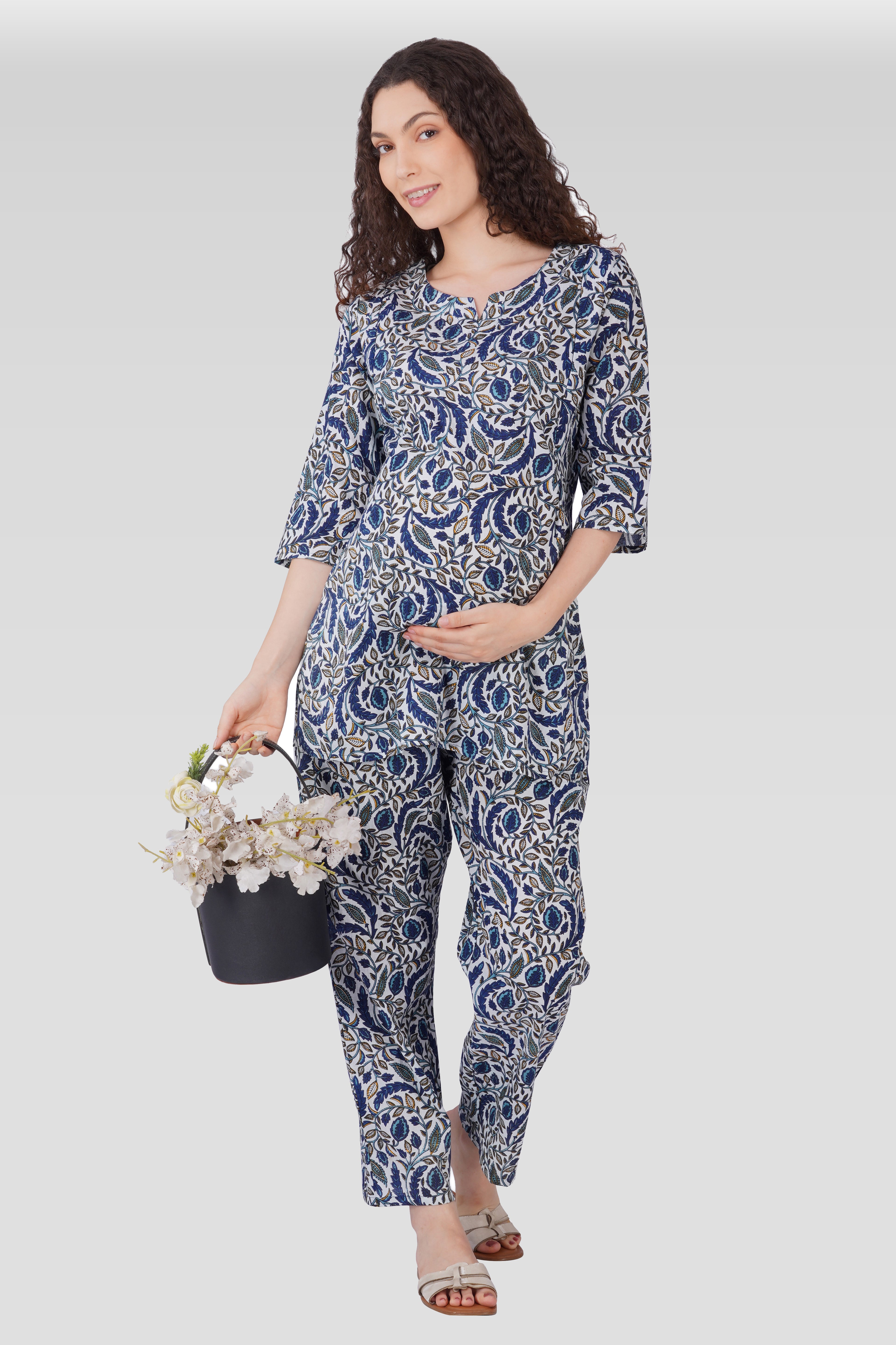 Regal Blue Cotton Printed Maternity and Feeding Pyjama Set