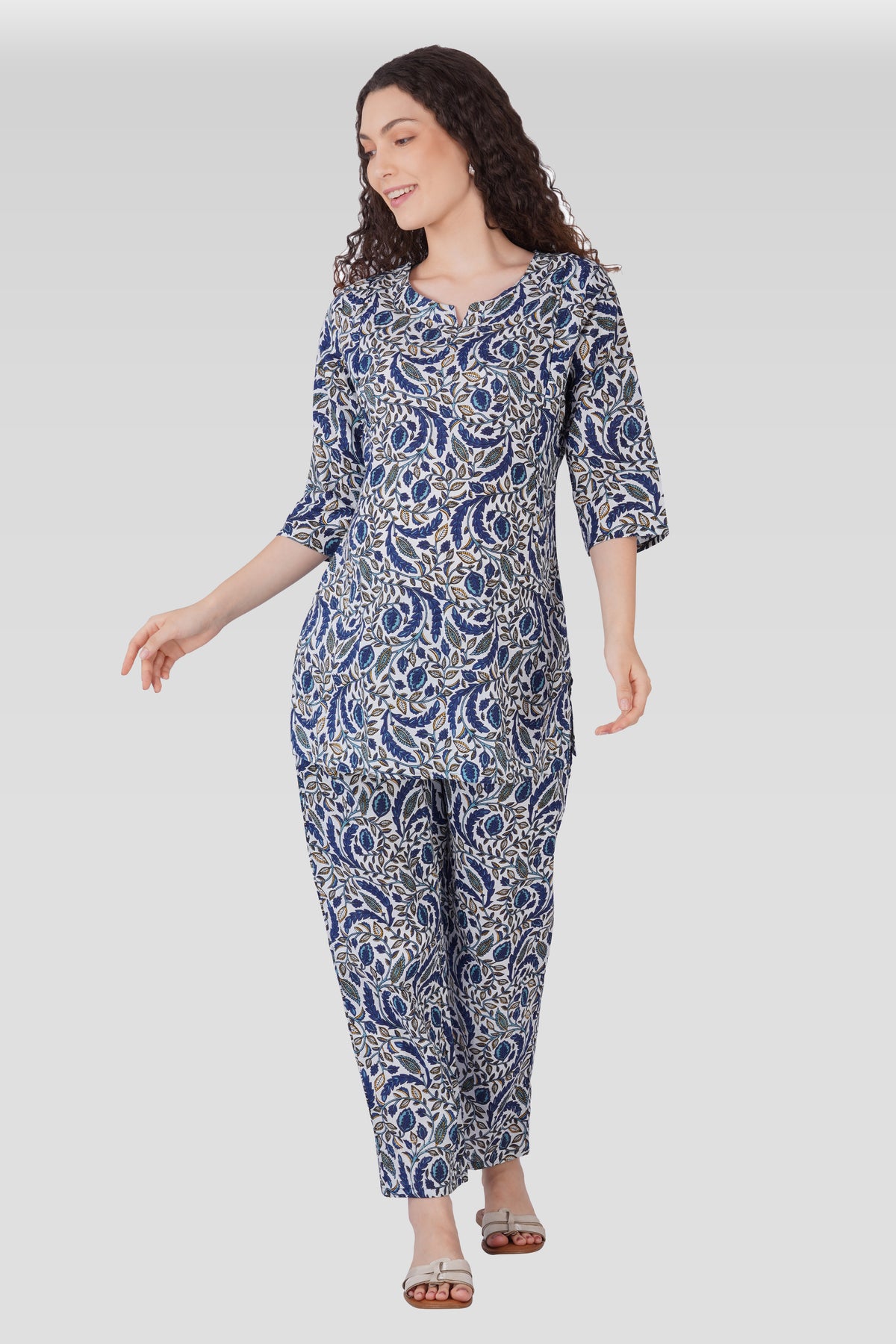 Regal Blue Cotton Printed Maternity and Feeding Pyjama Set