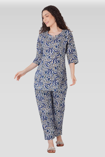 Regal Blue Cotton Printed Maternity and Feeding Pyjama Set