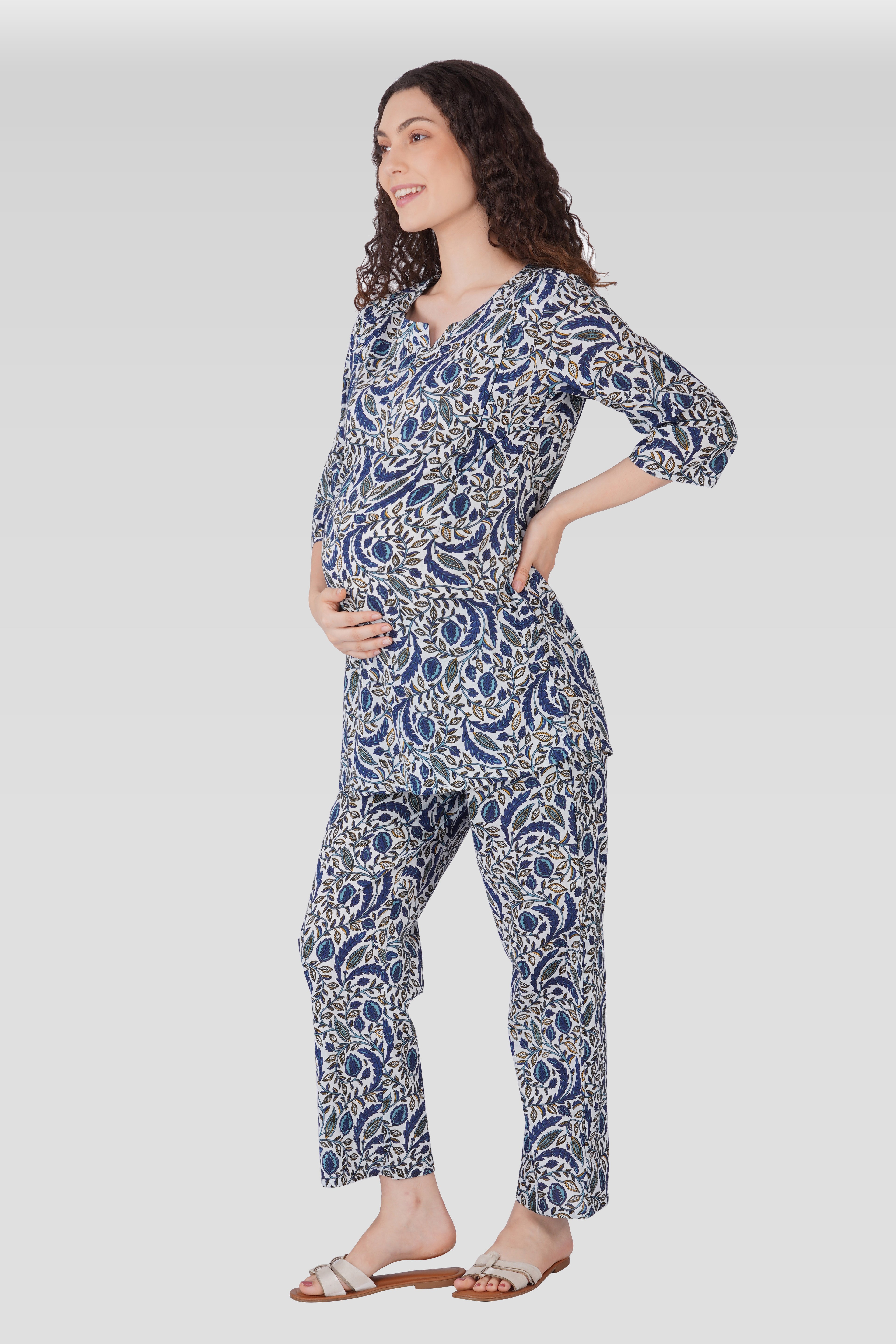 Regal Blue Cotton Printed Maternity and Feeding Pyjama Set