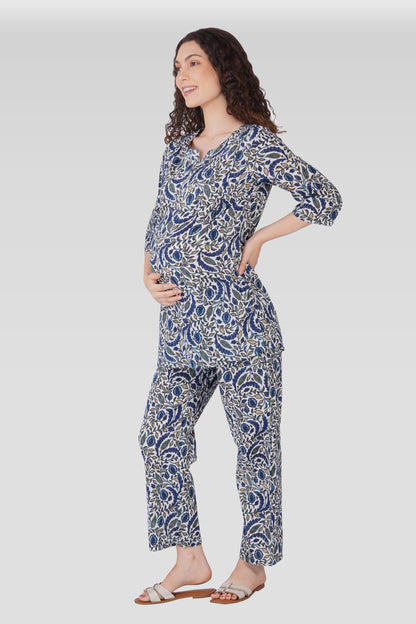 Regal Blue Cotton Printed Maternity and Feeding Pyjama Set
