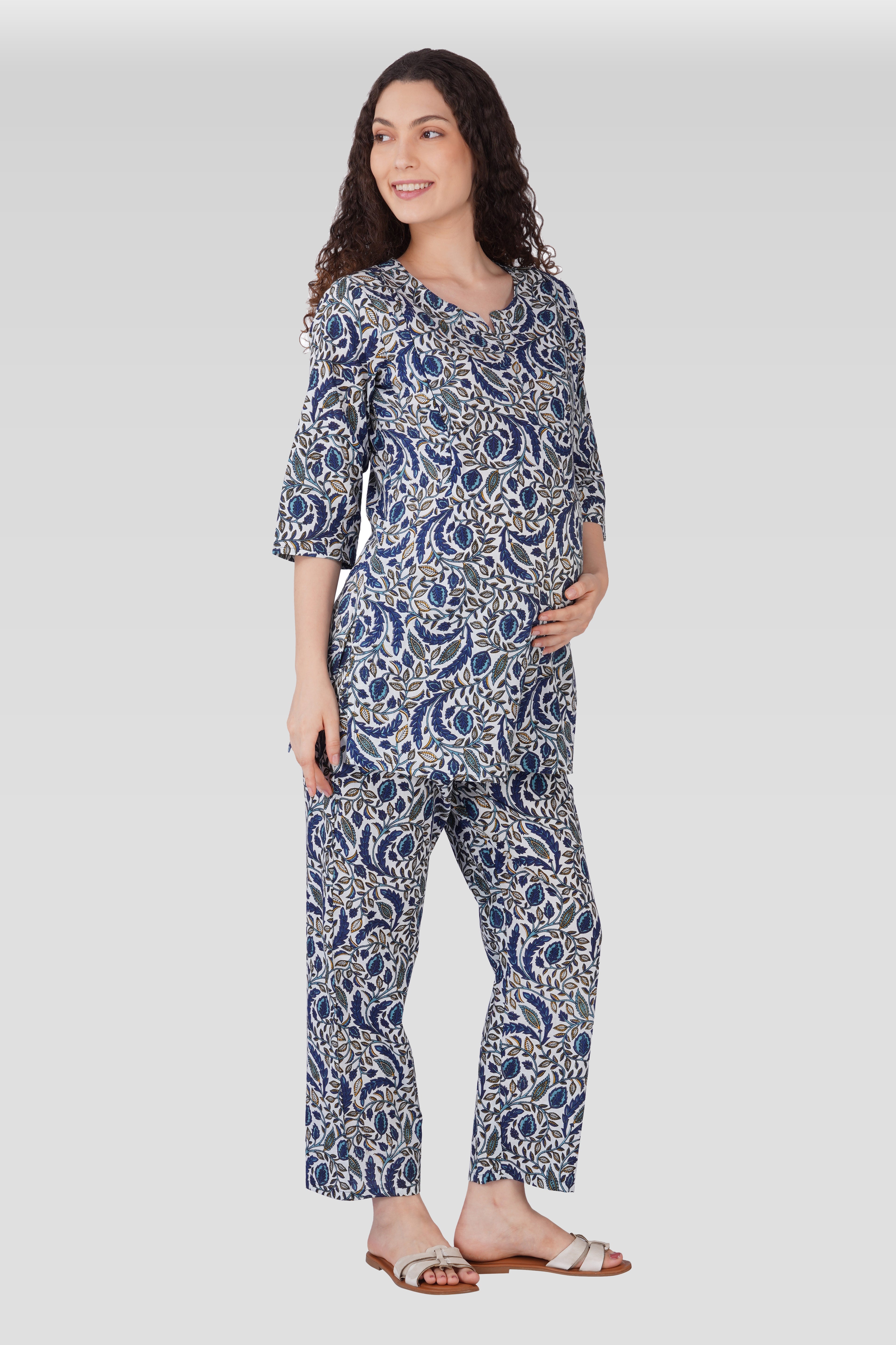 Regal Blue Cotton Printed Maternity and Feeding Pyjama Set