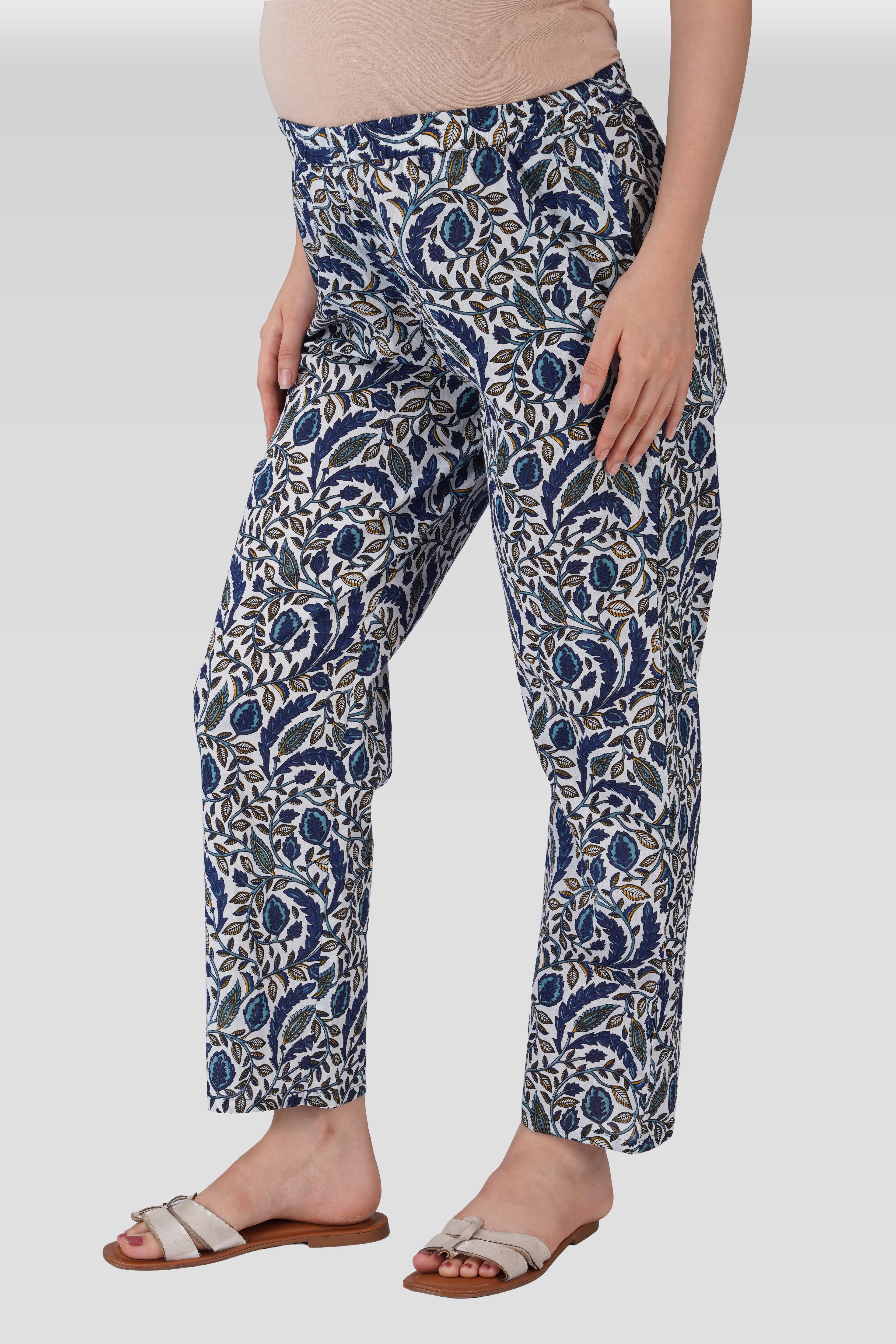 Regal Blue Cotton Printed Maternity and Feeding Pyjama Set