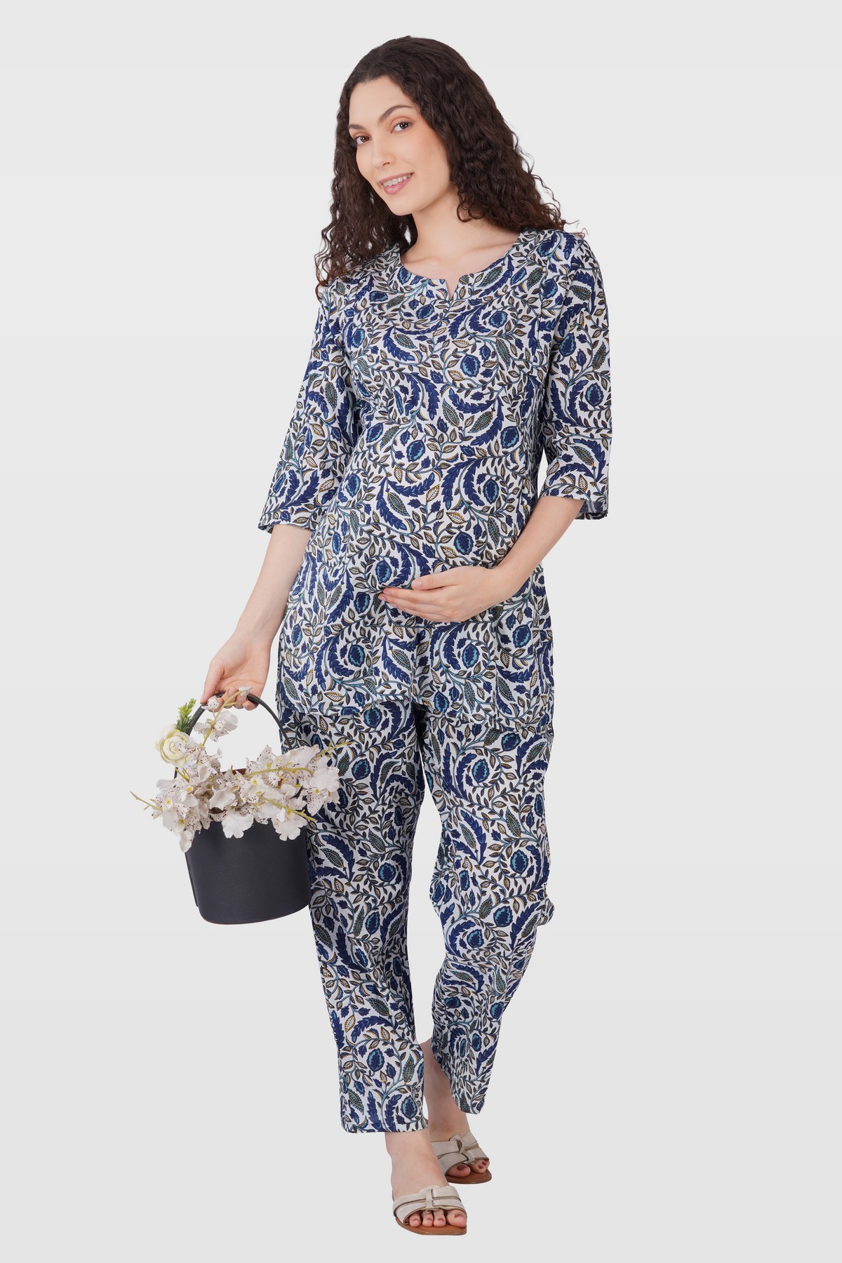 Regal Blue Cotton Printed Maternity and Feeding Pyjama Set