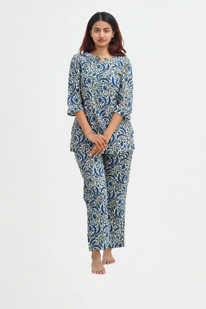 Regal Blue Cotton Printed Pyjama Set