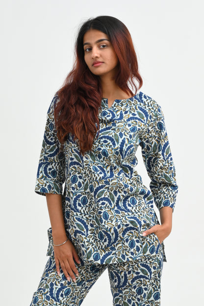 Regal Blue Cotton Printed Pyjama Set