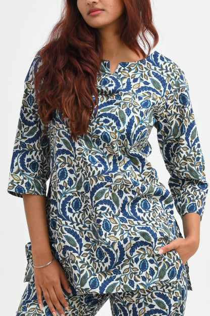 Regal Blue Cotton Printed Pyjama Set