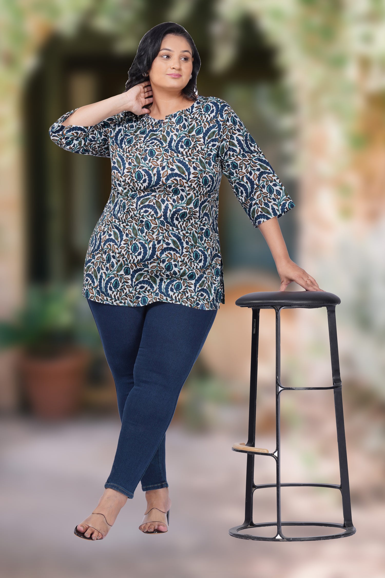 Regal Blue Plus Size Cotton Printed Kurti