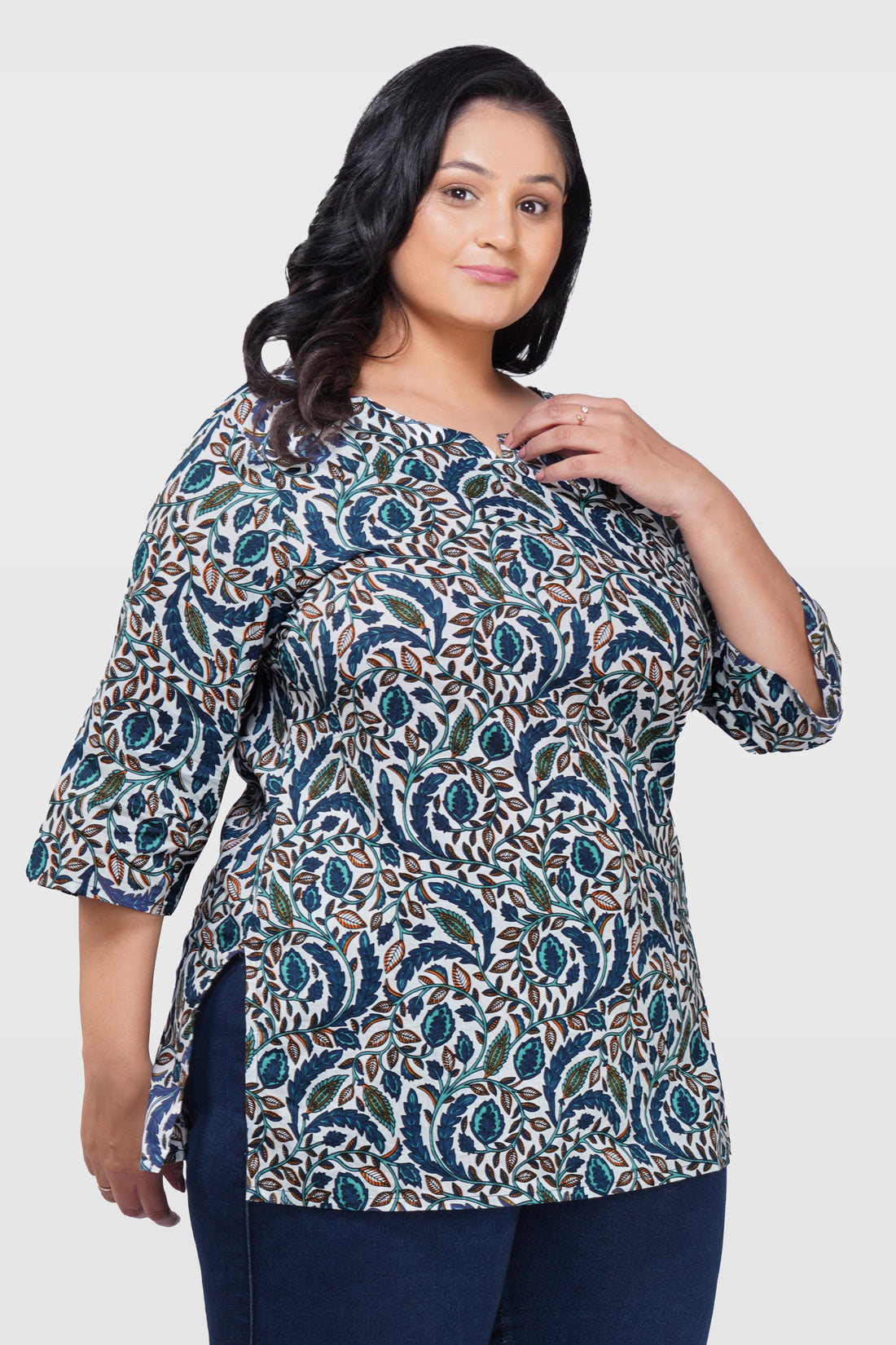 Regal Blue Plus Size Cotton Printed Kurti