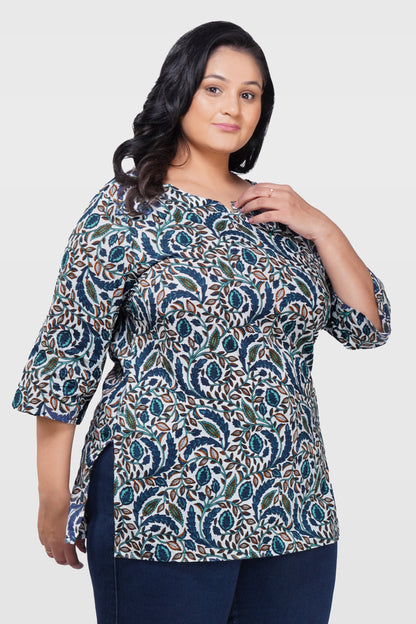 Regal Blue Plus Size Cotton Printed Kurti