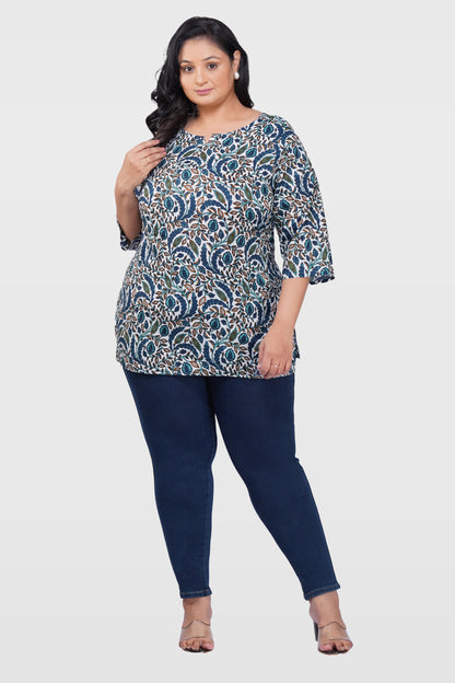 Regal Blue Plus Size Cotton Printed Kurti