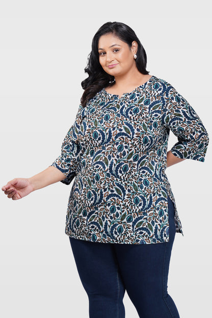 Regal Blue Plus Size Cotton Printed Kurti