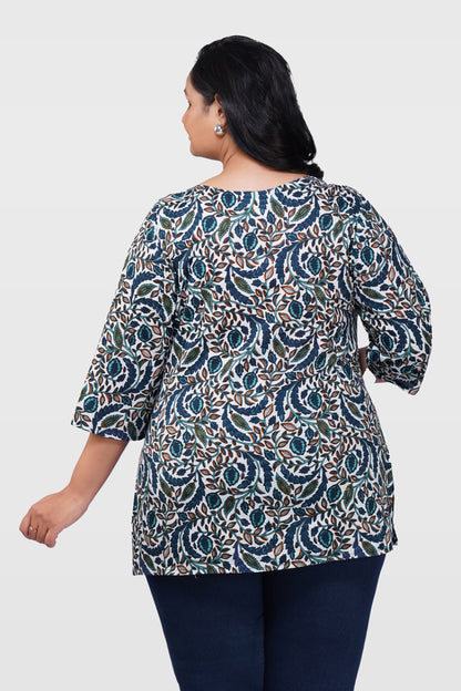 Regal Blue Plus Size Cotton Printed Kurti