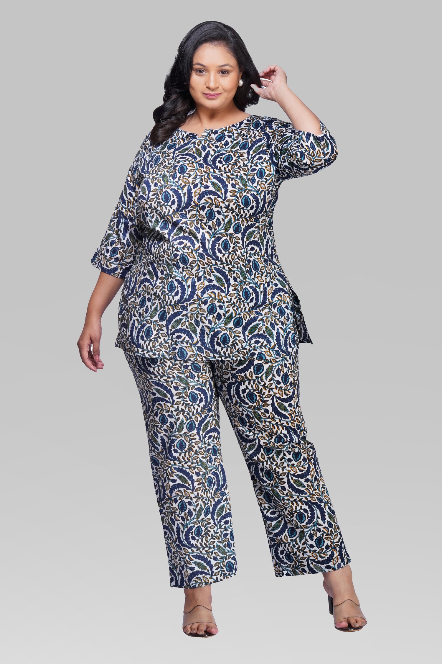 Regal Blue Plus Size Cotton Printed Pyjama Set
