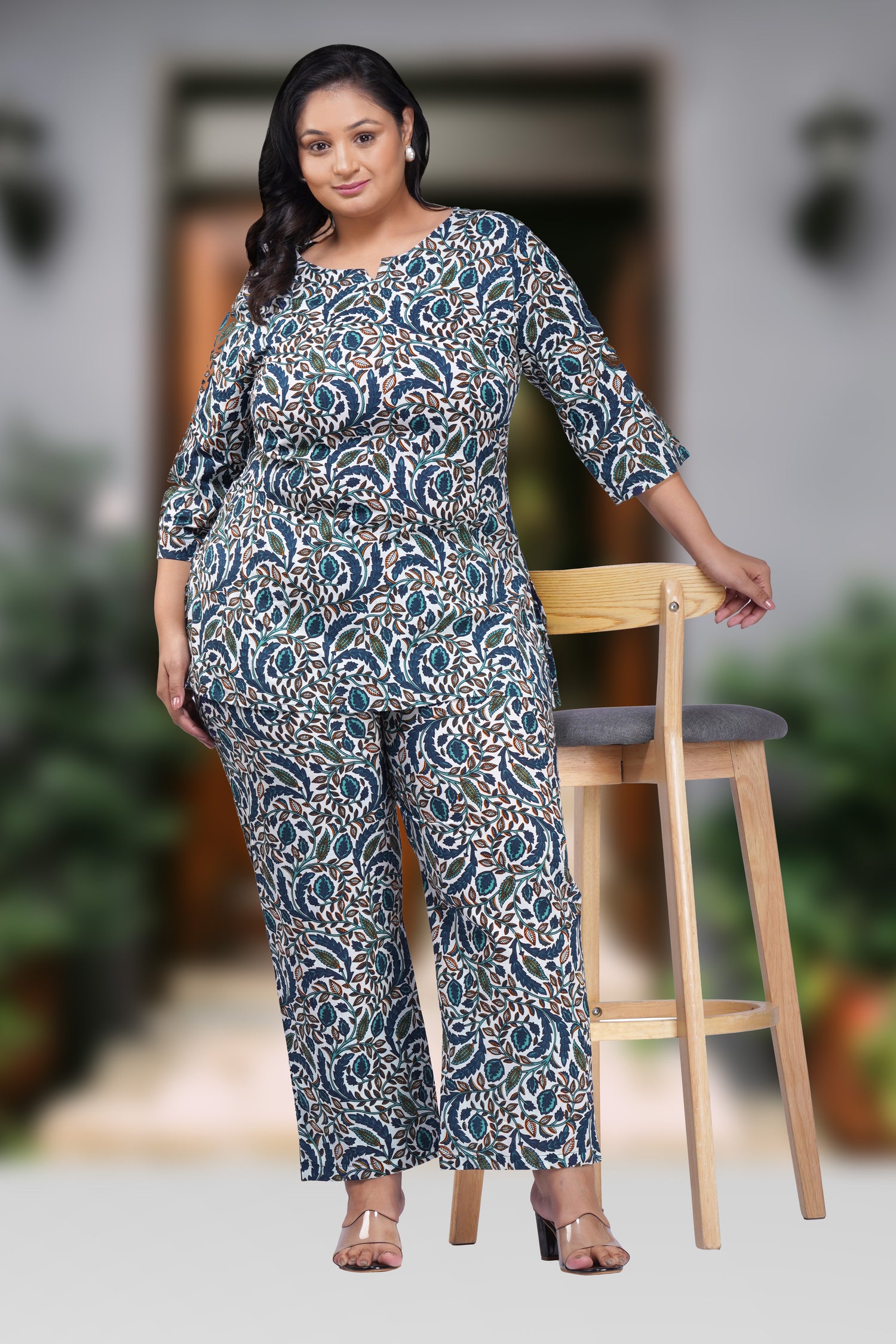 Regal Blue Plus Size Cotton Printed Pyjama Set