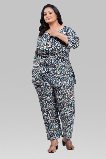 Regal Blue Plus Size Cotton Printed Pyjama Set