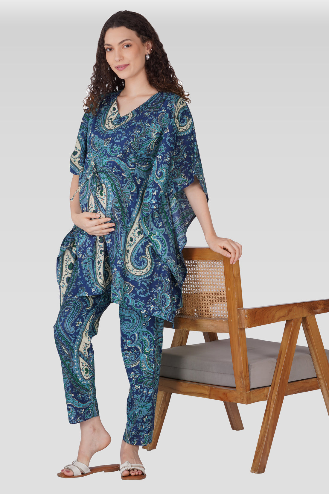Royal Blue Cotton Printed Maternity and Feeding Kaftan Set