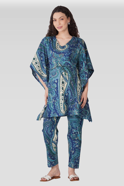 Royal Blue Cotton Printed Maternity and Feeding Kaftan Set