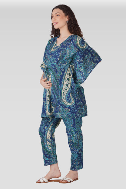 Royal Blue Cotton Printed Maternity and Feeding Kaftan Set