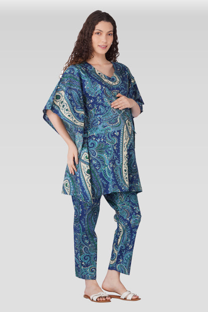 Royal Blue Cotton Printed Maternity and Feeding Kaftan Set