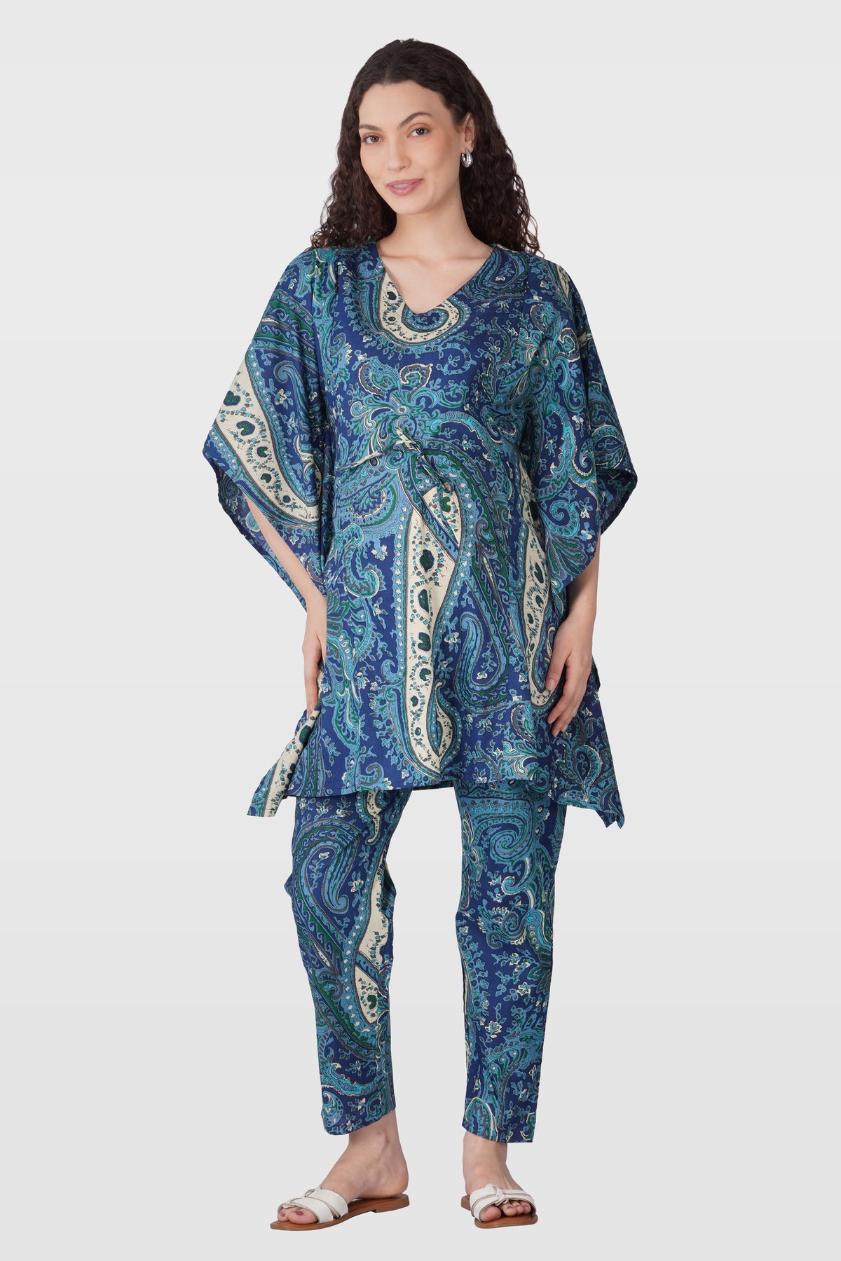 Royal Blue Cotton Printed Maternity and Feeding Kaftan Set