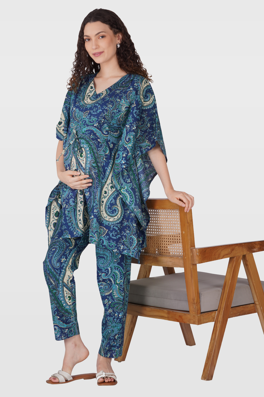 Royal Blue Cotton Printed Maternity and Feeding Kaftan Set