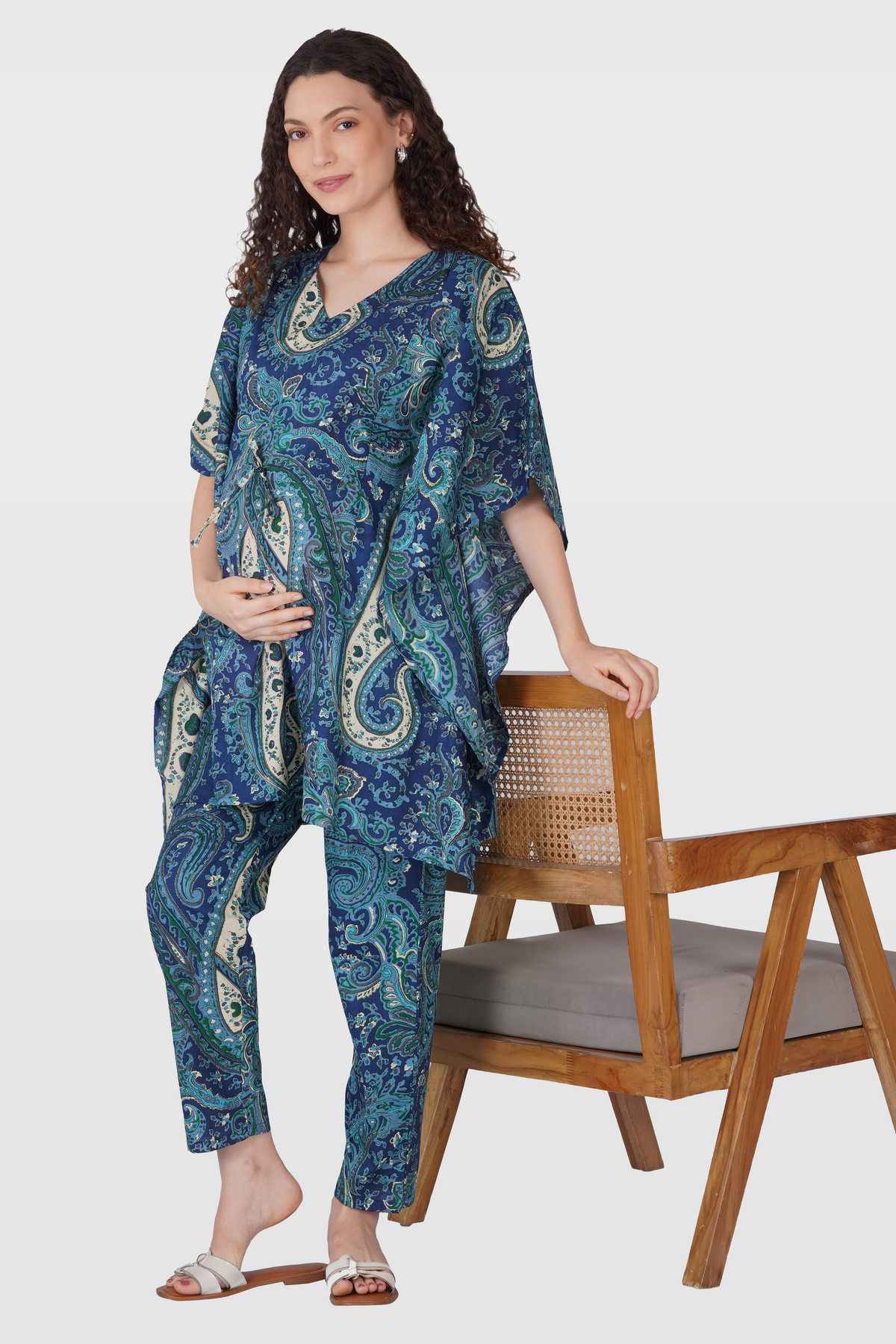 Royal Blue Cotton Printed Maternity and Feeding Kaftan Set