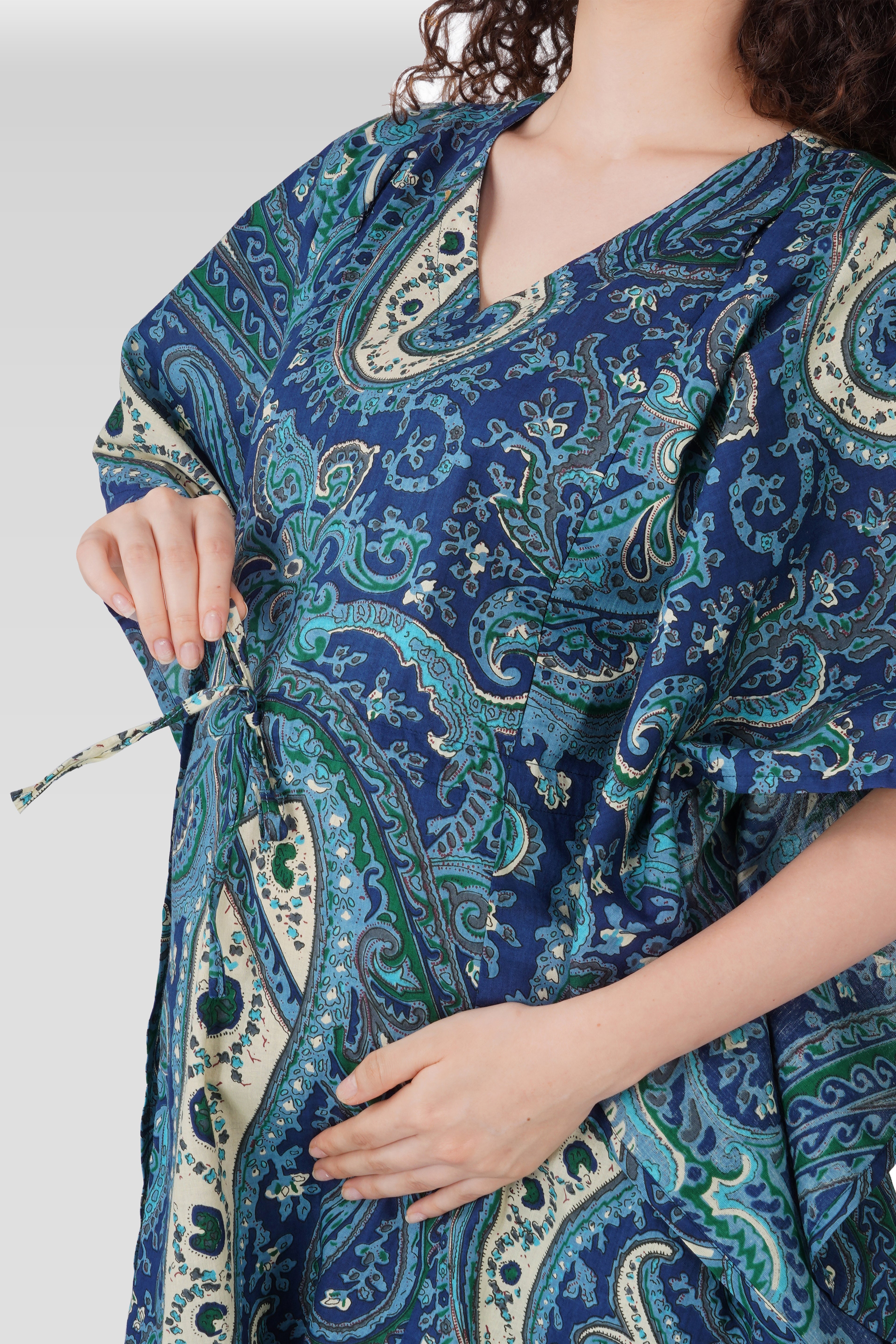 Royal Blue Cotton Printed Maternity and Feeding Kaftan Set