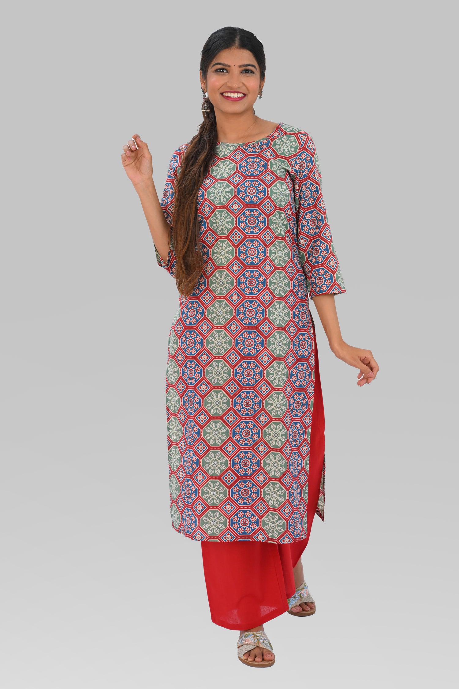 Ruby Red Cotton Printed Kurta Set